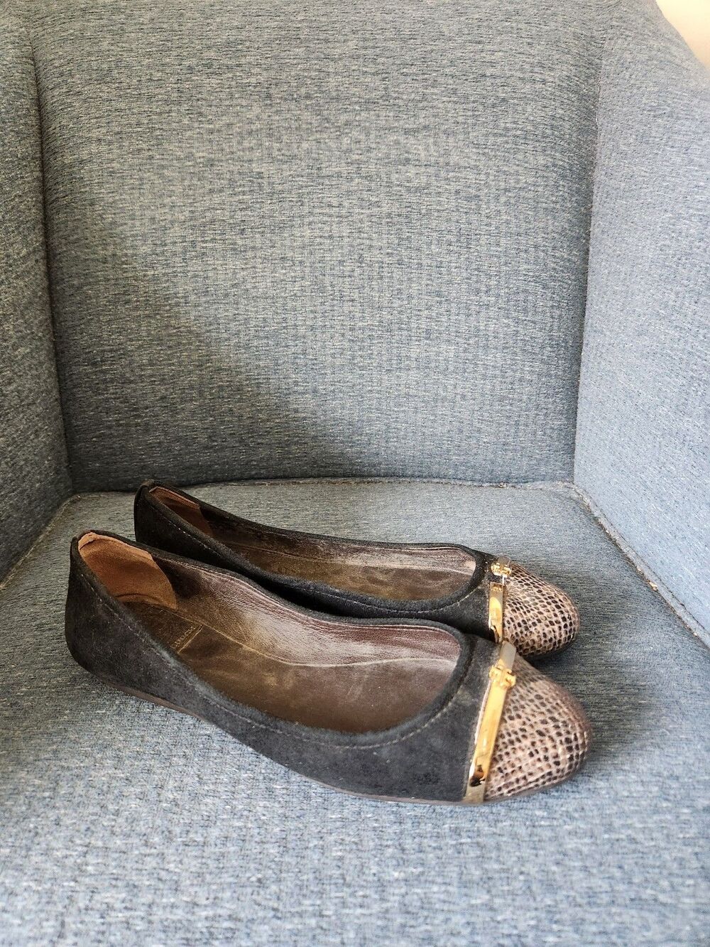 Tory Burch Pacey Driver Black Suede Flats w/ Snakeskin Ties & Gold Bars Size 8